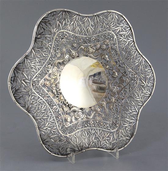 A late 19th/early 20th century Chinese Export pierced silver dish by Wang Hing, Hong Kong, 19 oz.